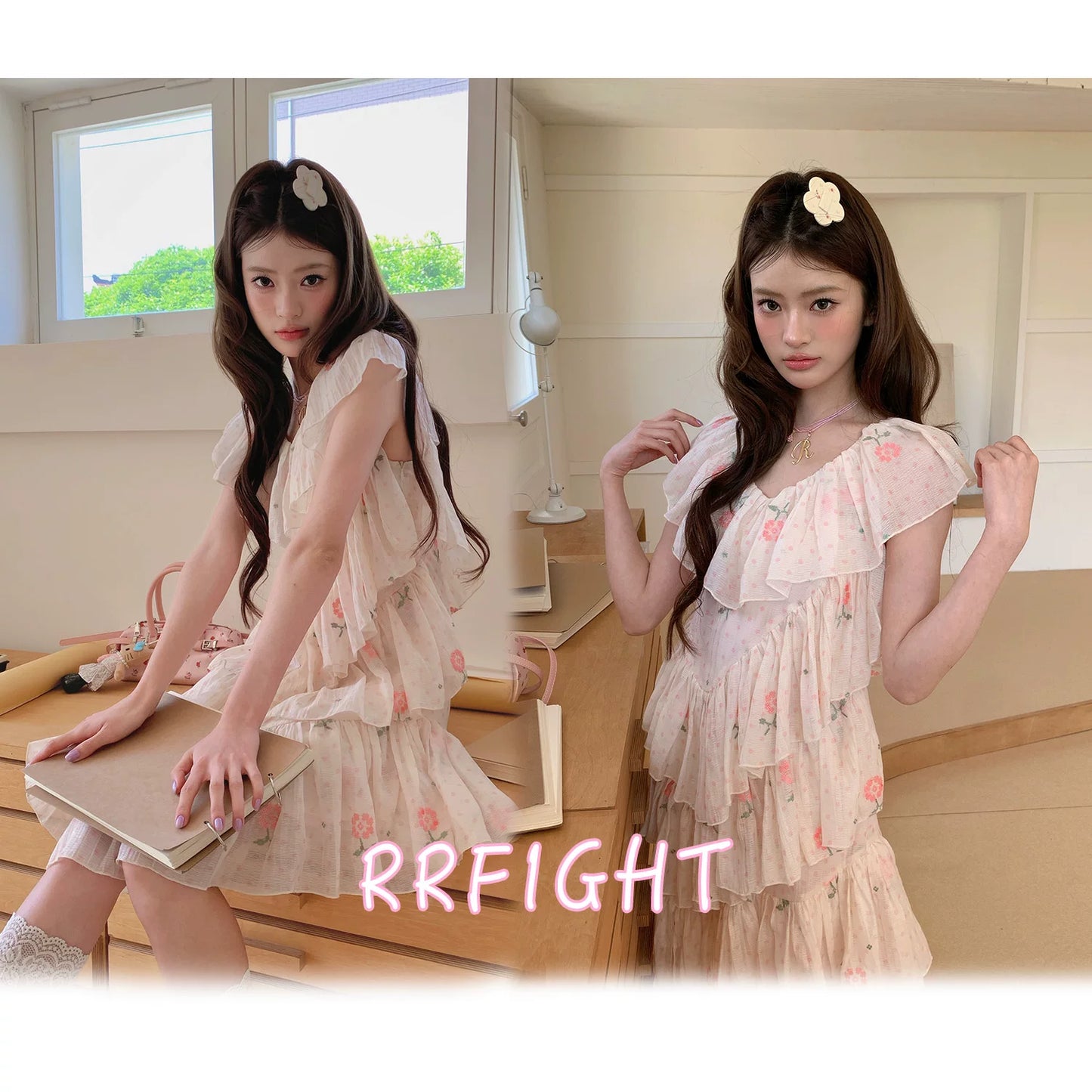 “Cloud Ruffle Reverie” Cream Apricot Floral Ruffle Dress