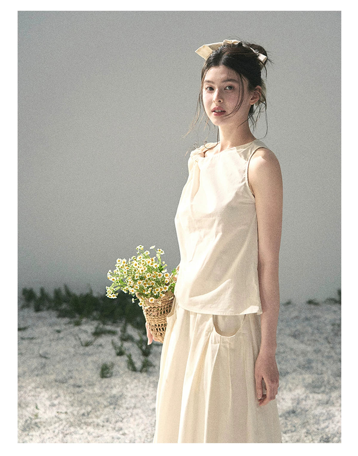 “Ivory Pleated Verse” Soft White Asymmetrical Twist Top & Skirt