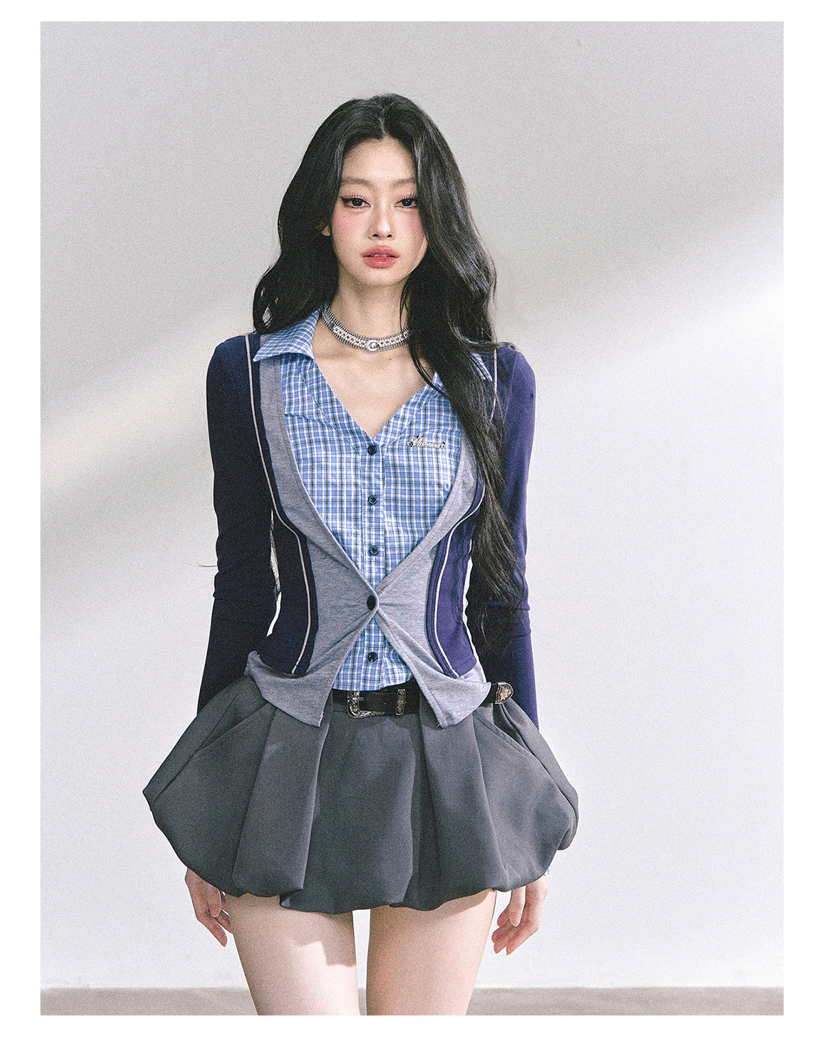 少也眼 "London Senior Muse" Layered Polo Long Sleeve Tee - Navy Blue 924863