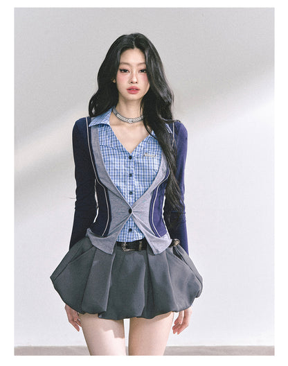 少也眼 "London Senior Muse" Layered Polo Long Sleeve Tee - Navy Blue 924863