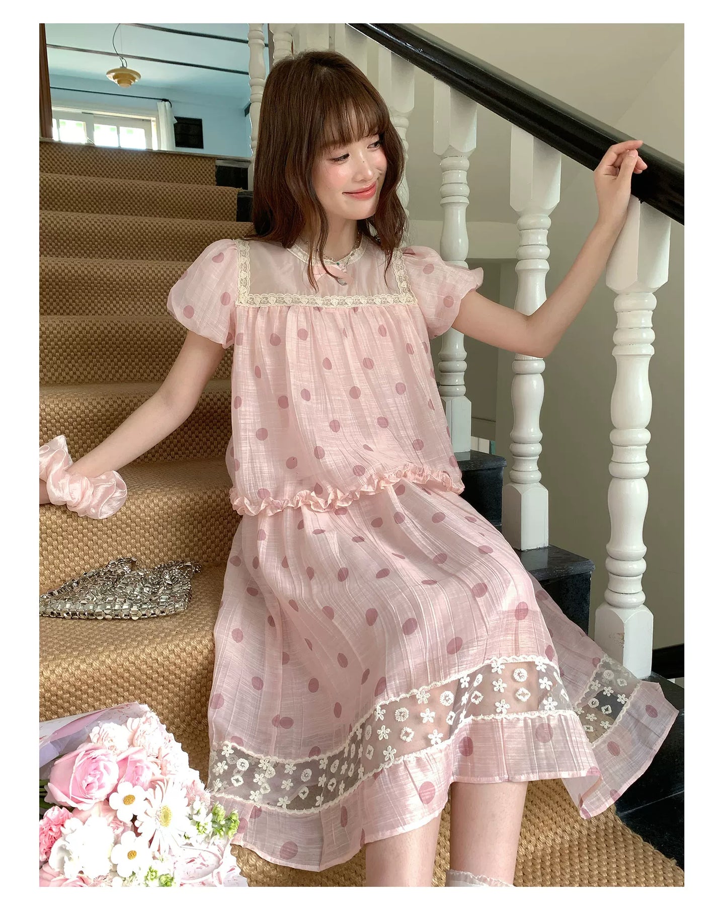 [RF] “Peach Polka Daydream” Pink Polka Dot Two-Piece Skirt Set