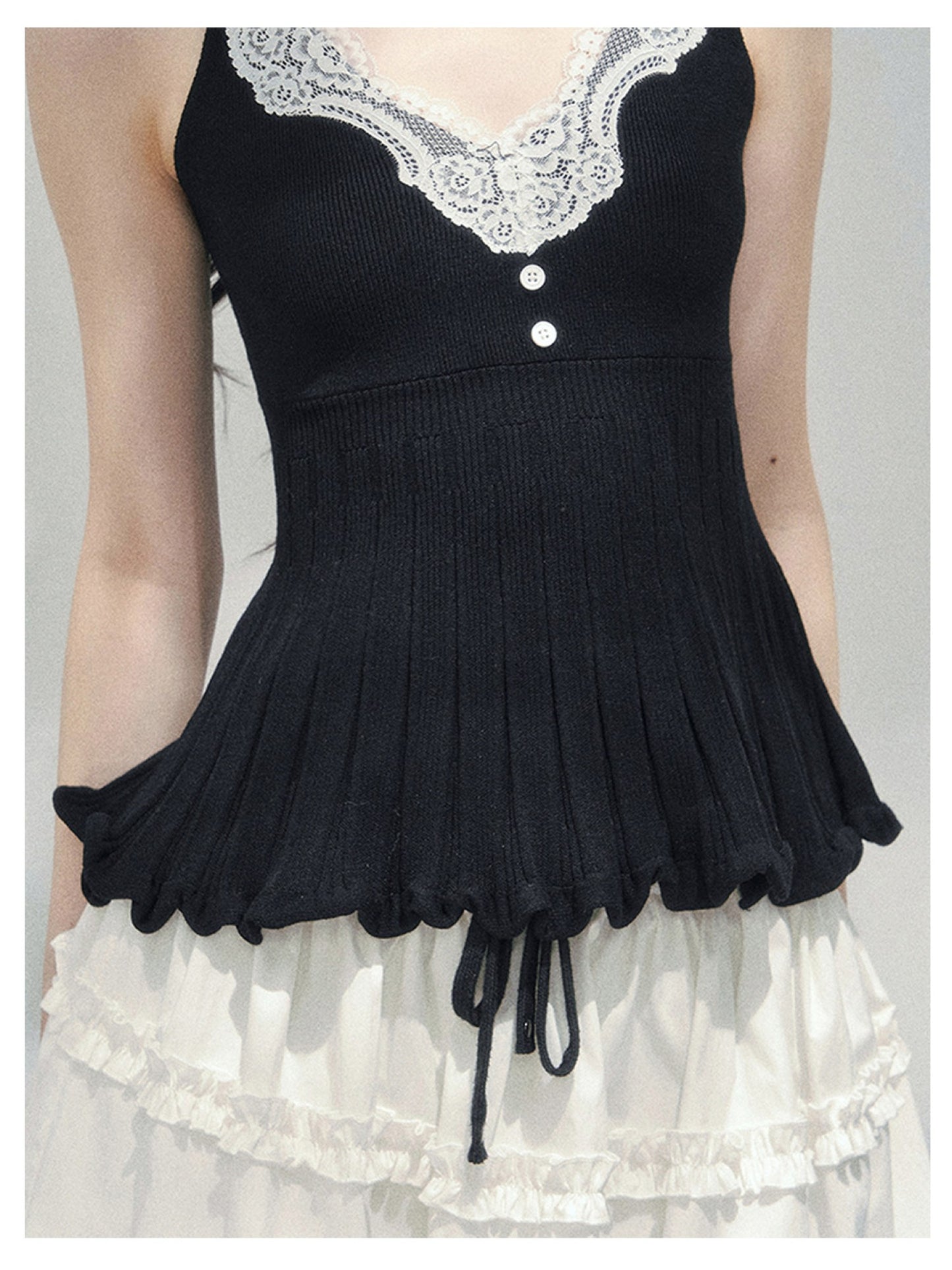 少也眼 “Lace in Between” French Knit V-Neck Two-Piece Set 55447