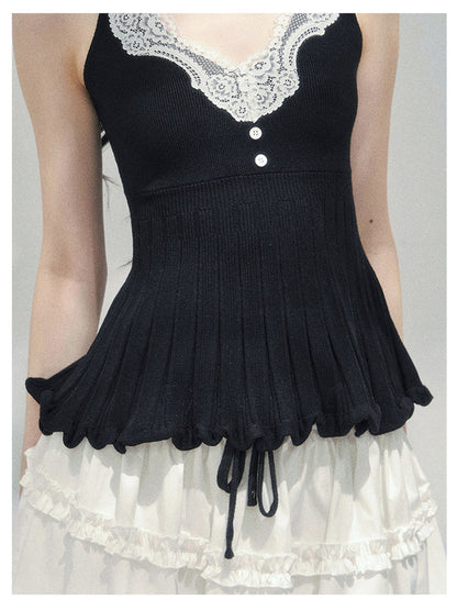 少也眼 “Lace in Between” French Knit V-Neck Two-Piece Set 55447