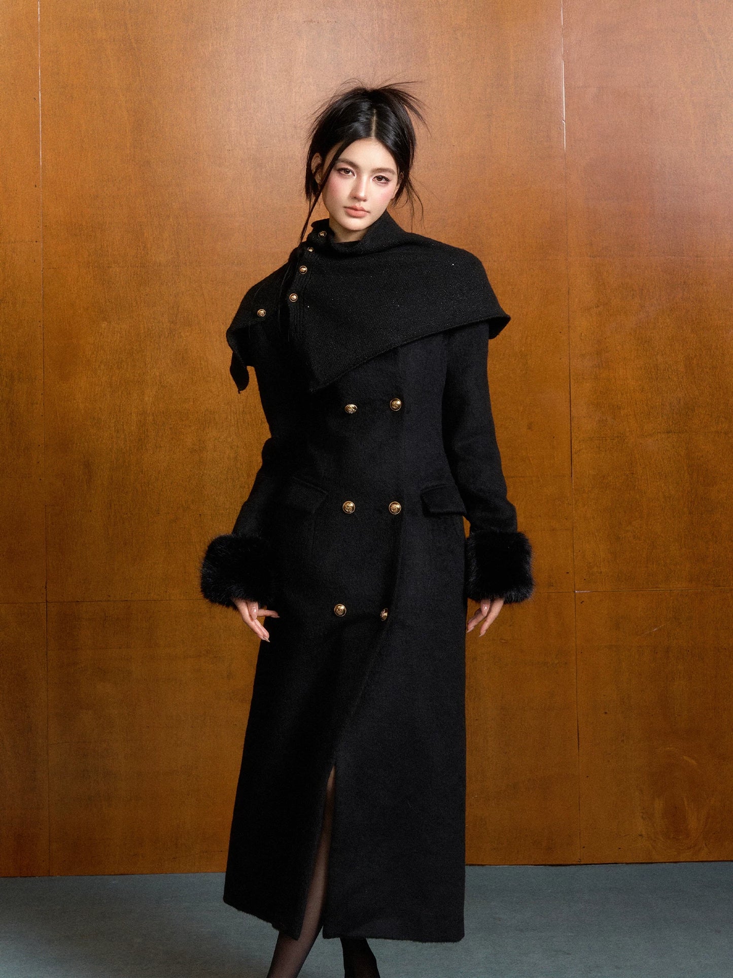 "Manor Elegance" Detachable Faux Fur Wool Coat & Knit Scarf Set