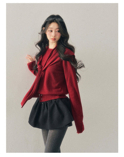 040126 "Orlane Academy" American Preppy Knit Top & Shawl Set - Angora Red