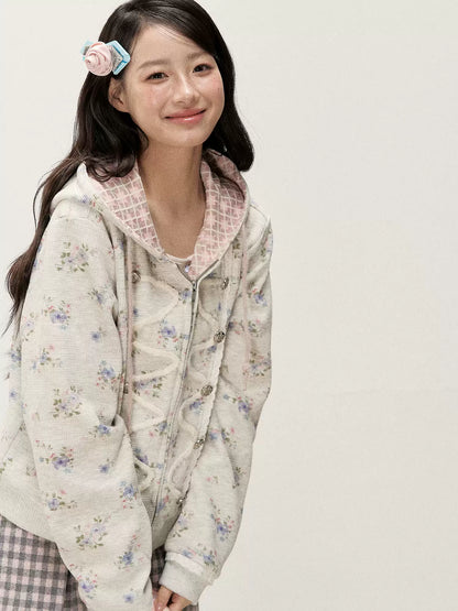 [RF] Vintage Floral Waffle Knit Hoodie Cardigan with Gingham Lining