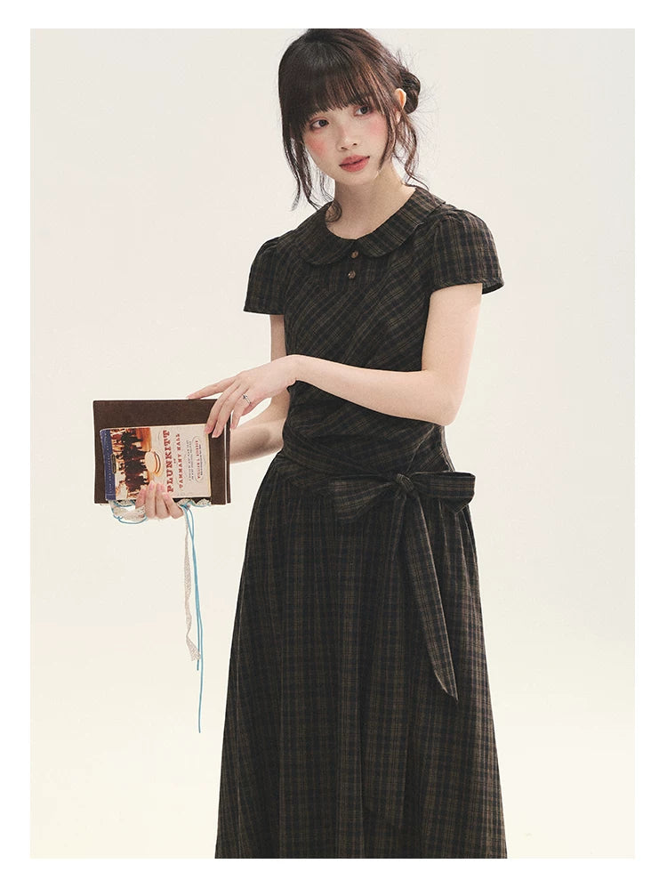 "Vintage Scholar" Black Brown Plaid Bow Tie Peter Pan Collar Maxi Dress