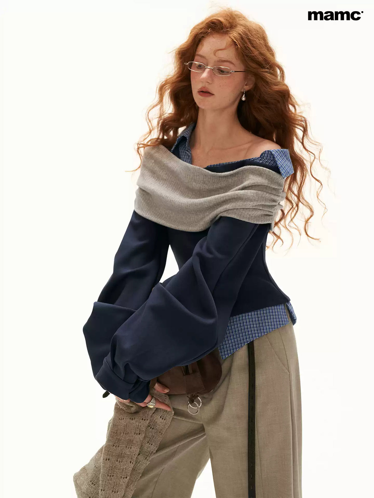 MAMC - Deconstructed Gingham Sweatshirt with Off-Shoulder Ruched Detail