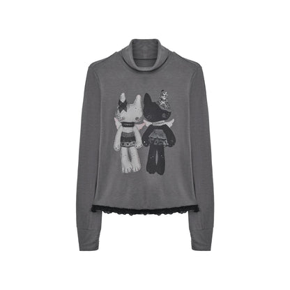 "Forgotten Corner" Mock Neck Gray Base Layer Top & Black Gray Plaid Skirt Set