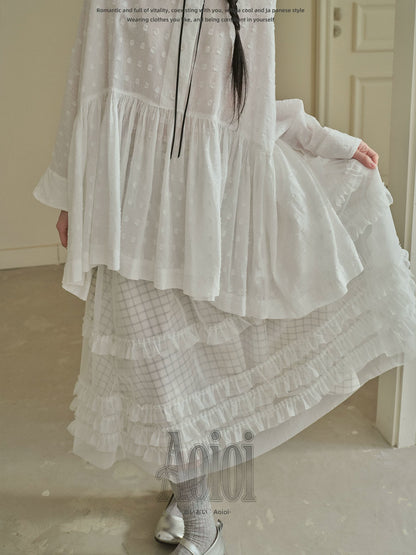 "Soft Check Layers" Plaid Mesh Midi Skirt (White Plaid / Black Plaid)