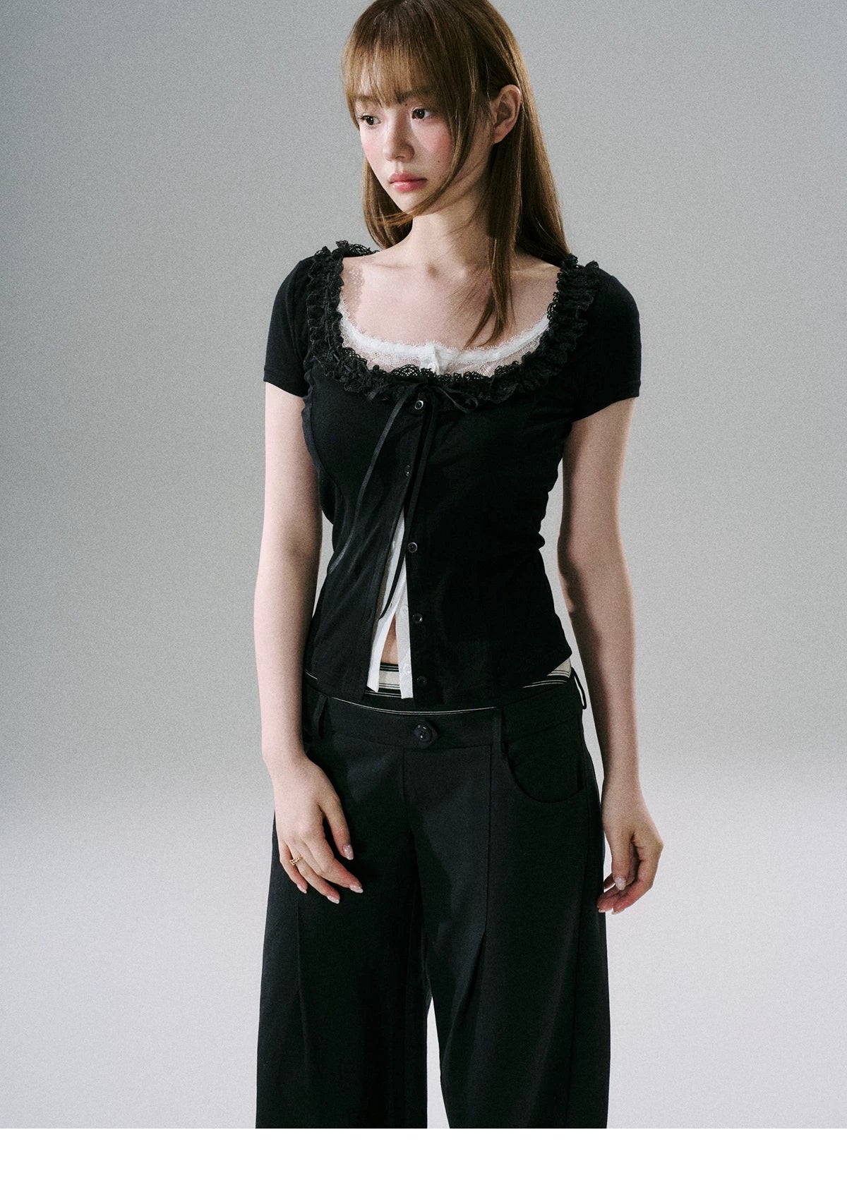 LOST FOREST - Faux-Layered Lace Short-Sleeve Top (Gray White / Black White)