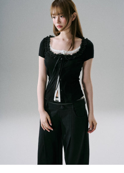 LOST FOREST - Faux-Layered Lace Short-Sleeve Top (Gray White / Black White)