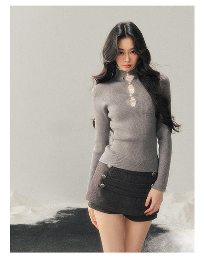 040126 "Lacewoven Dream" Mock Neck Layered Lace Knit Top - High-Intellect Gray