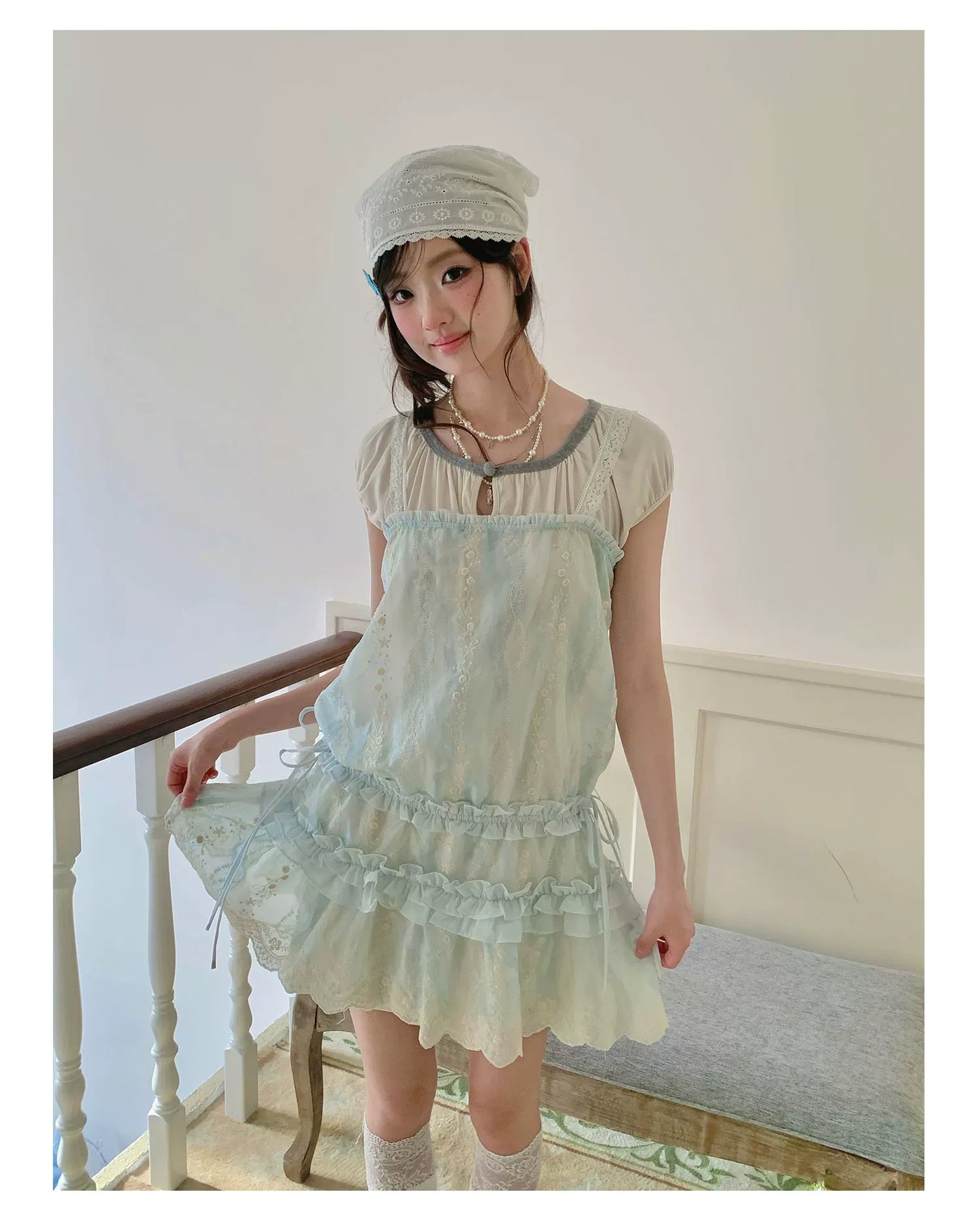 “Summer Dreamloom” Blue Lace Tiered Dress Set (Inner Top + Slip Dress)