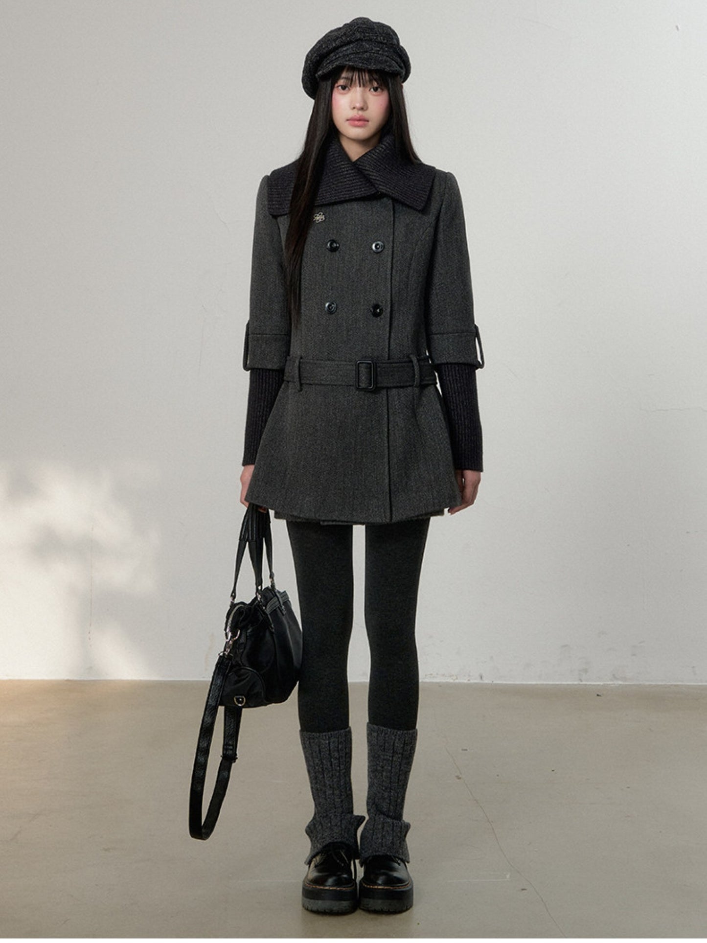 Soote Season - British Deep Gray Knit-Collar Wool-Blend Long Dress