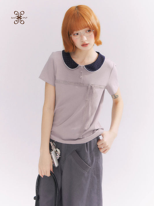 “Memory Mist” Dusty Purple Lace-Trimmed Peter Pan Collar T-Shirt