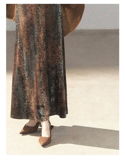 AOMALM - "Draped in Wild Wind" Cocoa Brown Leopard Flocked Bias-Cut Mermaid Maxi Dress (With Matching Hair Tie)
