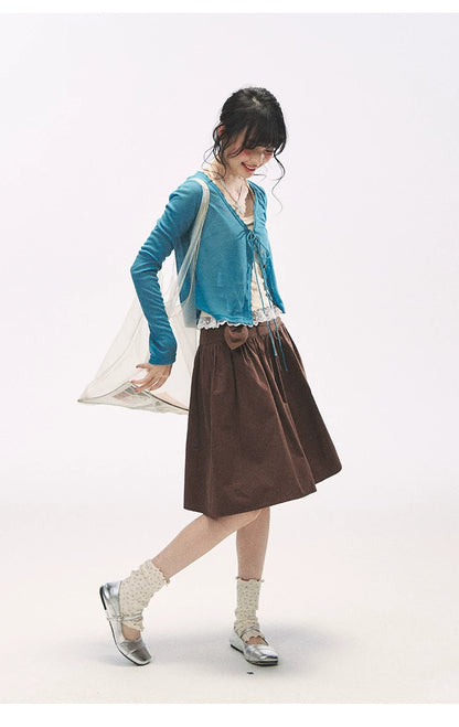 "Comfort Corner" Tie-Front Knit Cardigan (Melon Green/ Peacock Blue)
