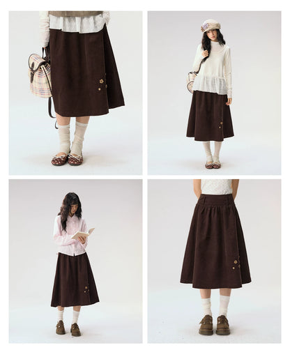 [CAN] “Caramel Glow” Brown Corduroy High-Waist A-Line Skirt