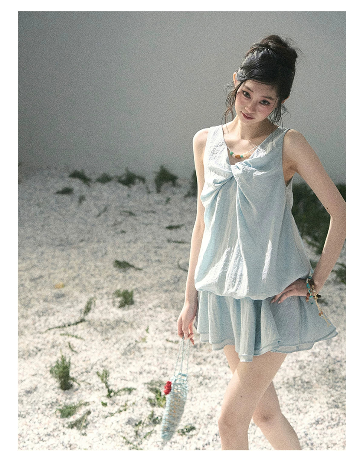 “Whispering Grass” Moonlight Blue Twist Mini Dress