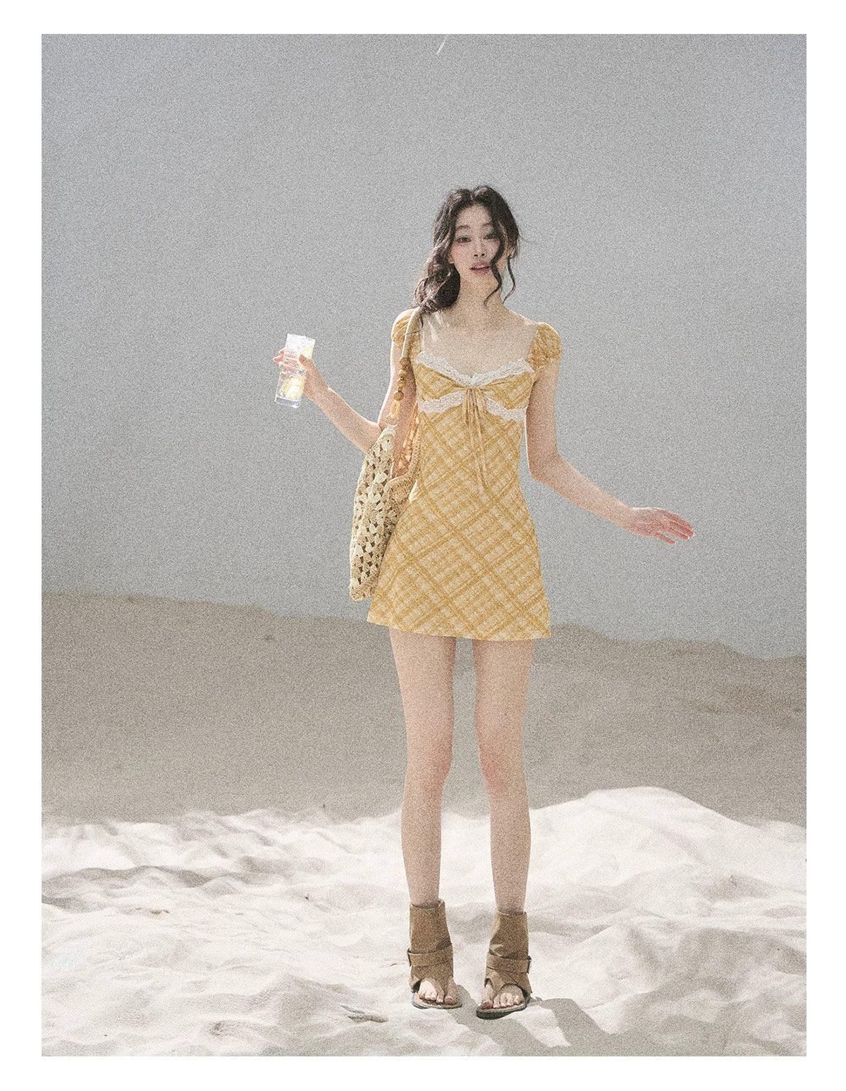 "Golden Wheat Whisper" Goose Yellow Lace Diamond Mini Dress