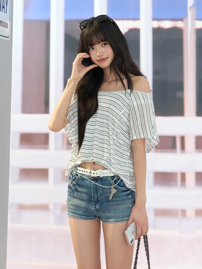"Coastal Transit" Navy Striped Halter Off-Shoulder Top