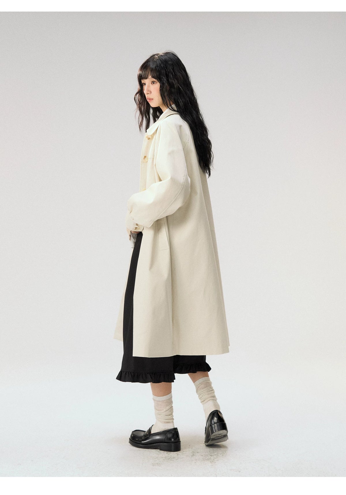 [CAN] “Oat Check Collar” Apricot Bow Cape Collar Trench Coat