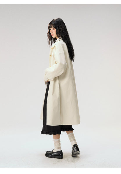 [CAN] “Oat Check Collar” Apricot Bow Cape Collar Trench Coat