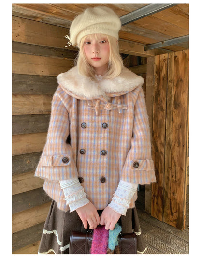 RF - Orange Plaid Cropped Cape Coat with Apricot Faux Fur Collar