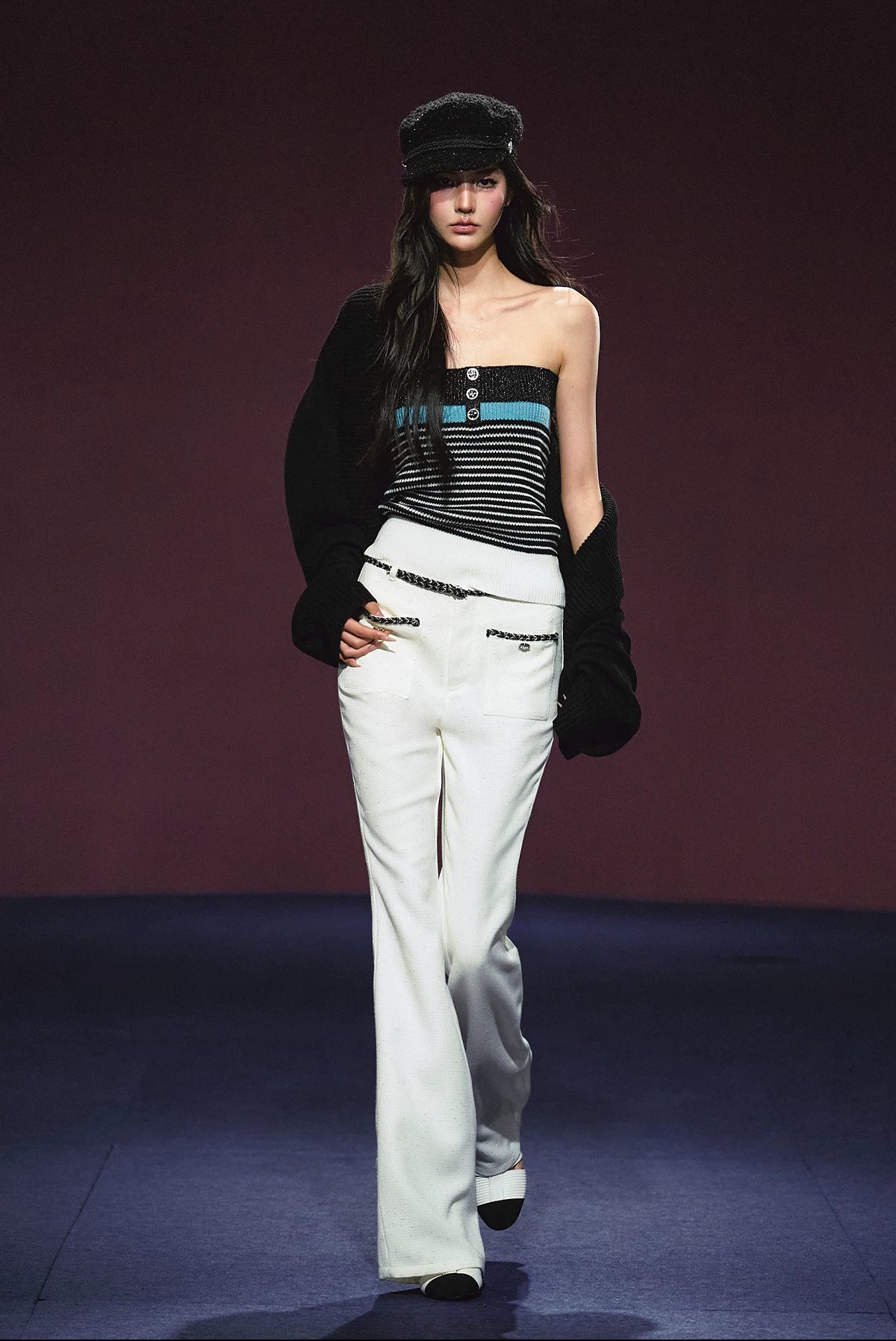 Ivory Contrast Belt Shimmer Knit Flared Pants