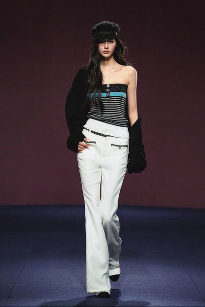 Ivory Contrast Belt Shimmer Knit Flared Pants