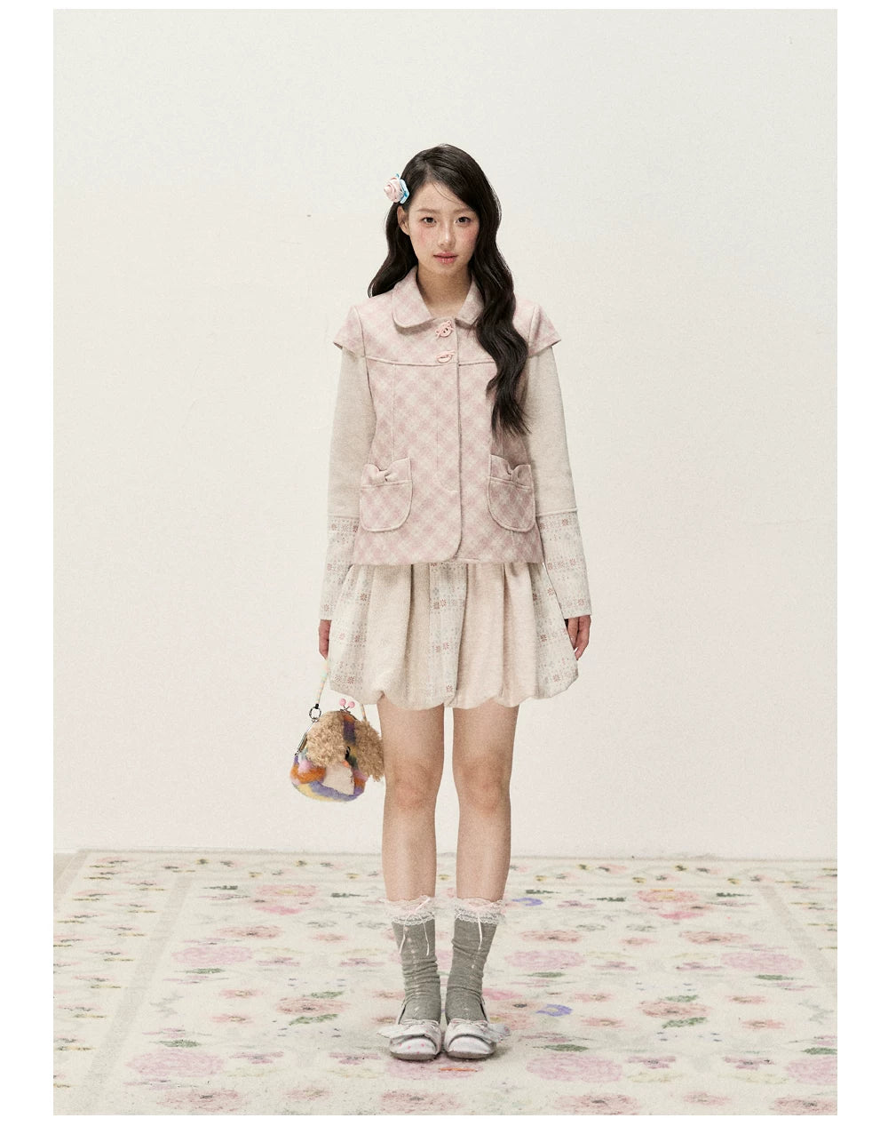 [RF] Pink Gingham Wool Blend Cropped Coat with Peter Pan Collar