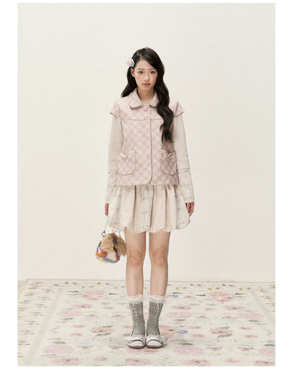 [RF] Pink Gingham Wool Blend Cropped Coat with Peter Pan Collar