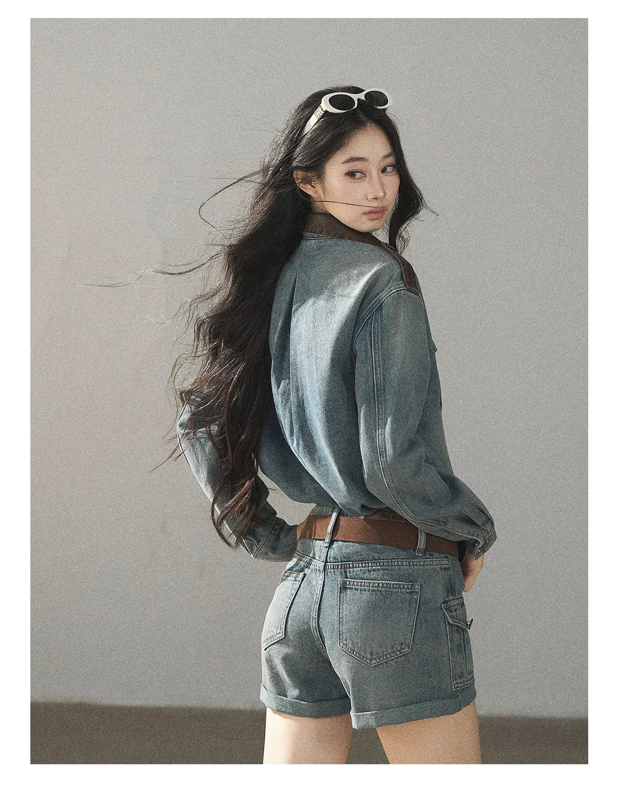 AOMALM - "Borrowed Sunshine" Vintage Blue Denim Commuter Set (Top + Shorts with Belt)