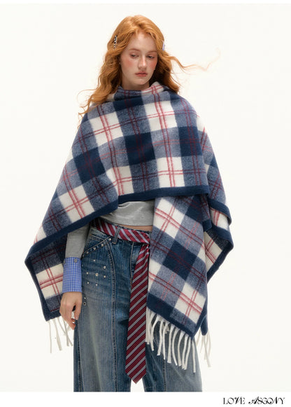 ASGONY - Navy Plaid Fringe Wrap Scarf