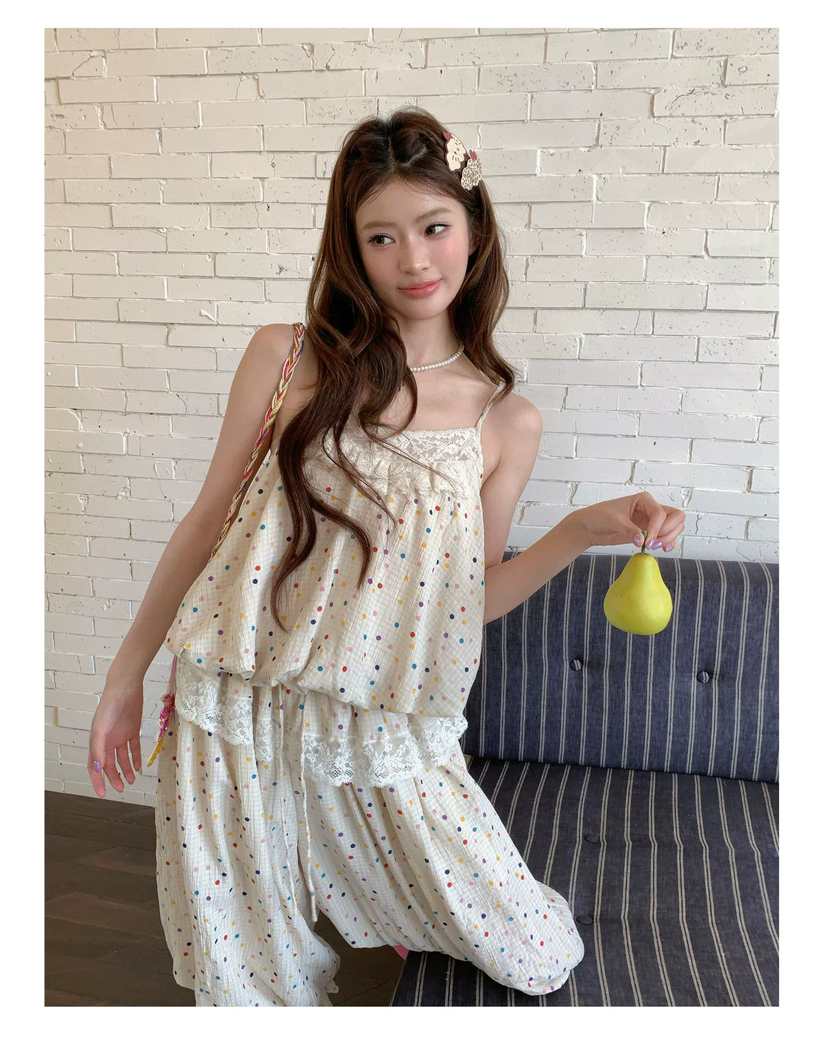 [RF] “Milk Cloud” Ivory Rainbow Polka Dot Bloom Pants Set