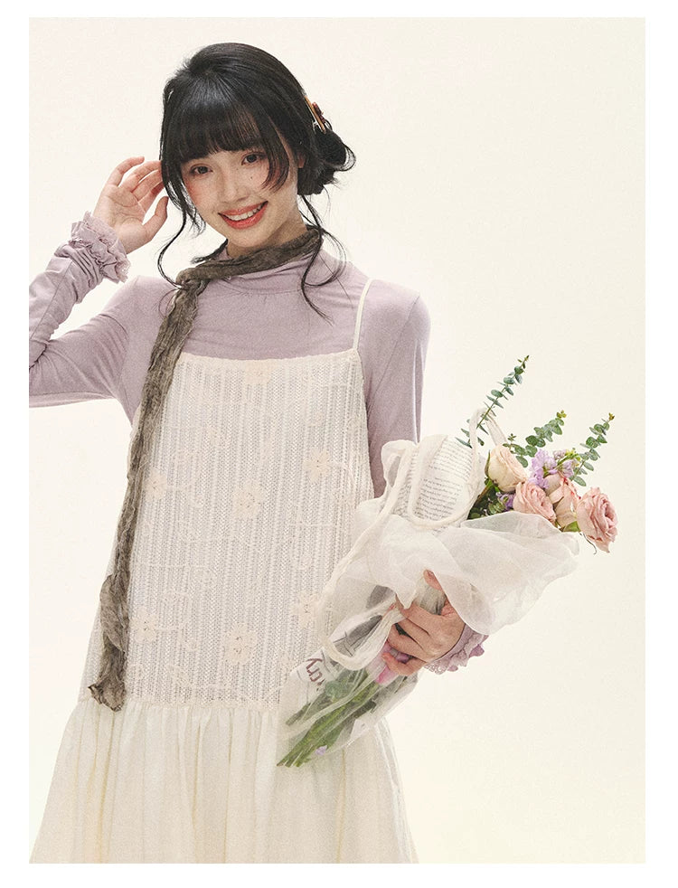 "Ivory Blossoms" Apricot Mist Beige Floral Pinafore Midi Dress
