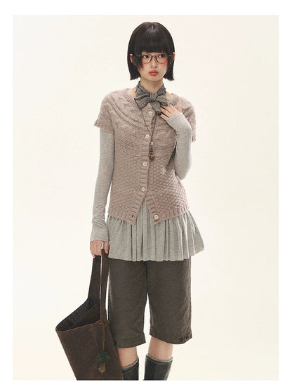 "Rice Knit" Wool-Blend Short Sleeve Knit Cardigan (Moss Coffee Green/ Dusk Dusty Pink)