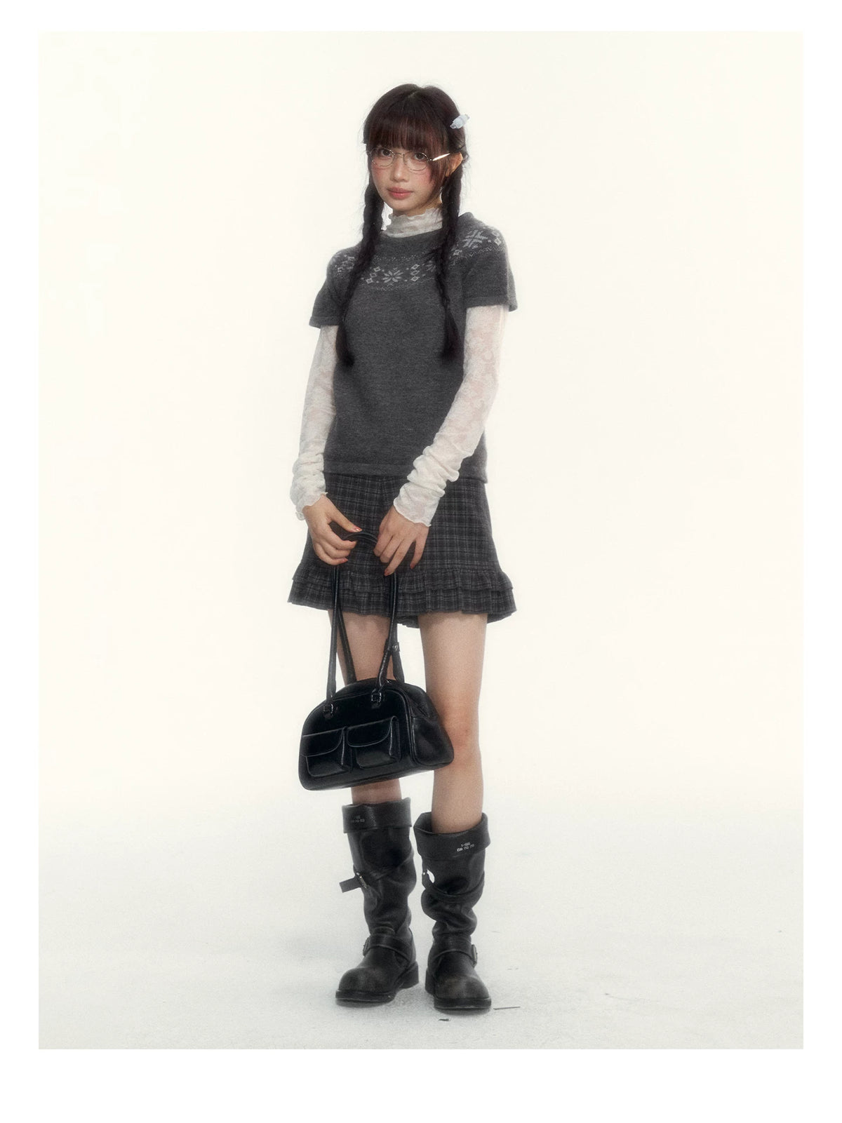Deep Gray Fair Isle Short-Sleeve Knit Sweater