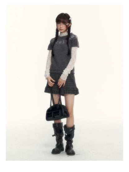 Deep Gray Fair Isle Short-Sleeve Knit Sweater