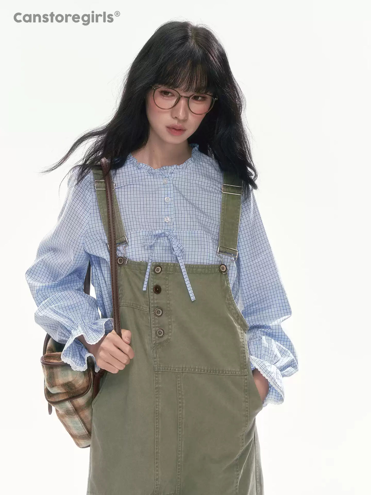 [CAN] Blue Plaid Lace-Trim Bow Tie Blouse