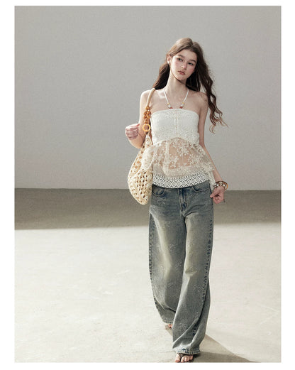 "Passing By the Sea" Vintage Blue Rhinestone Bow Wide-Leg Jeans