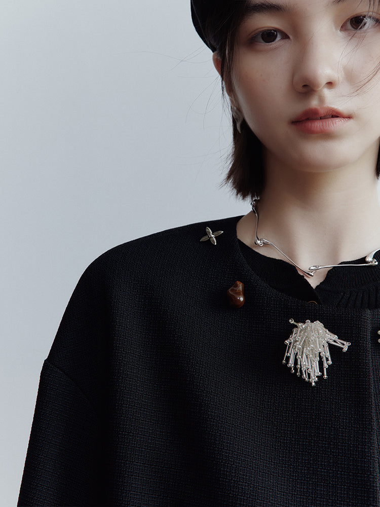 FUSSED Curious Museum Wool Tweed Jacket – Art Button Embellished in Elegant Black FOF-25SS131