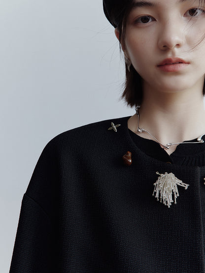 FUSSED Curious Museum Wool Tweed Jacket – Art Button Embellished in Elegant Black FOF-25SS131