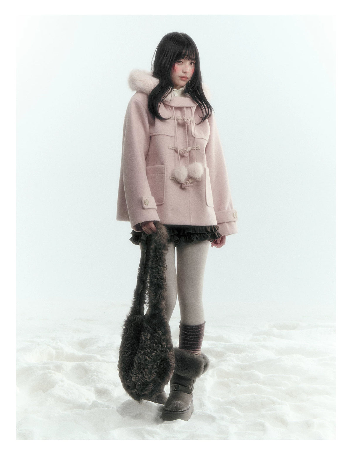 Horridale - Preppy Hooded Wool-Blend Duffle Coat with Pom-Pom Details – Mist Pink