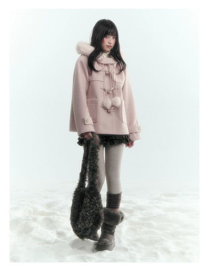 Horridale - Preppy Hooded Wool-Blend Duffle Coat with Pom-Pom Details – Mist Pink