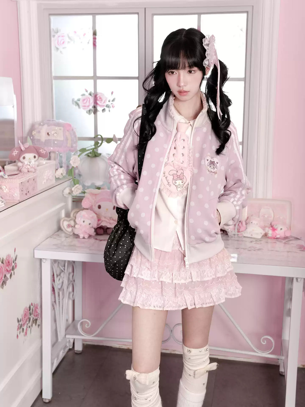 KYOUKO - My Melody Misty Pink Polka Dot Jacket, Gray Bloomers and Pink Lace Skirt Set