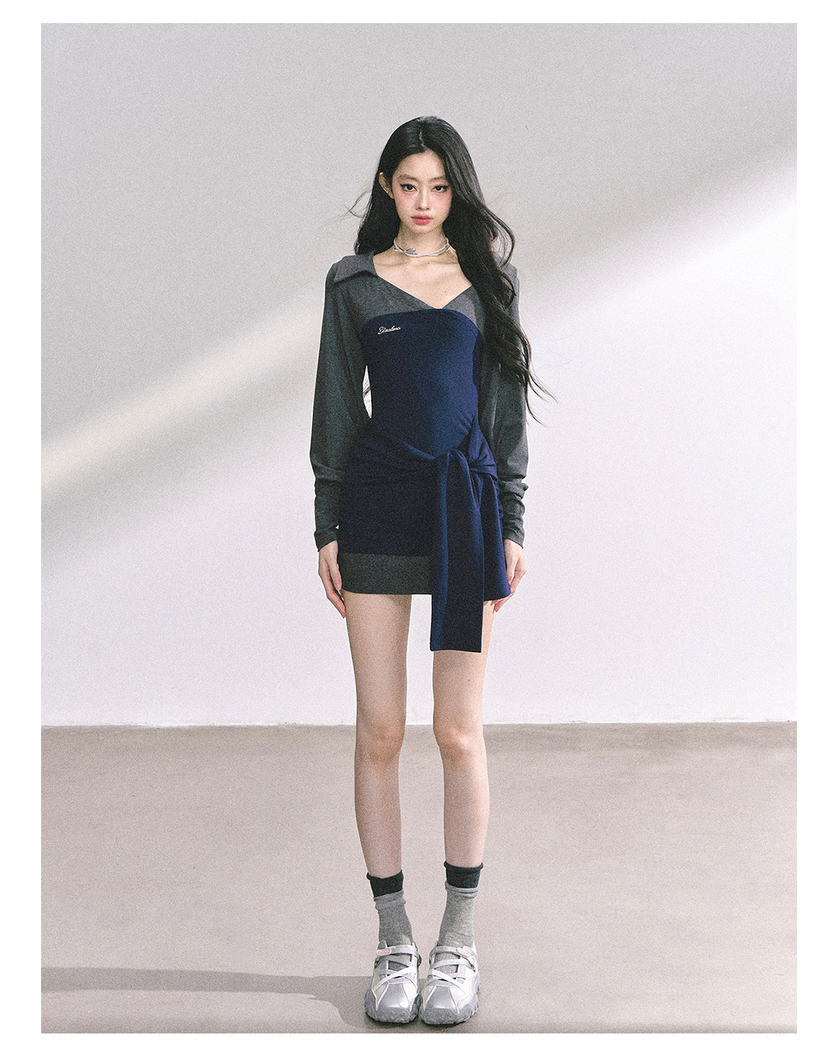 少也眼 “Campus Rebel" Checkered Bodycon Mini Dress - Navy Blue 514354