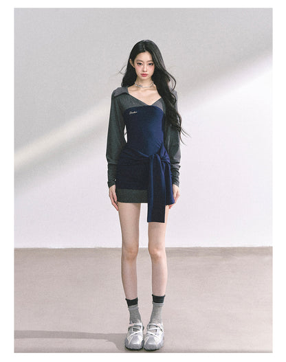 少也眼 “Campus Rebel" Checkered Bodycon Mini Dress - Navy Blue 514354