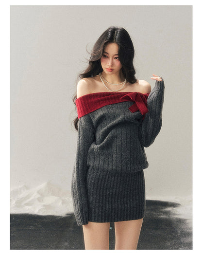 少也眼 "Snowbound Memories" Off-Shoulder Color-Block Knit Mini Dress